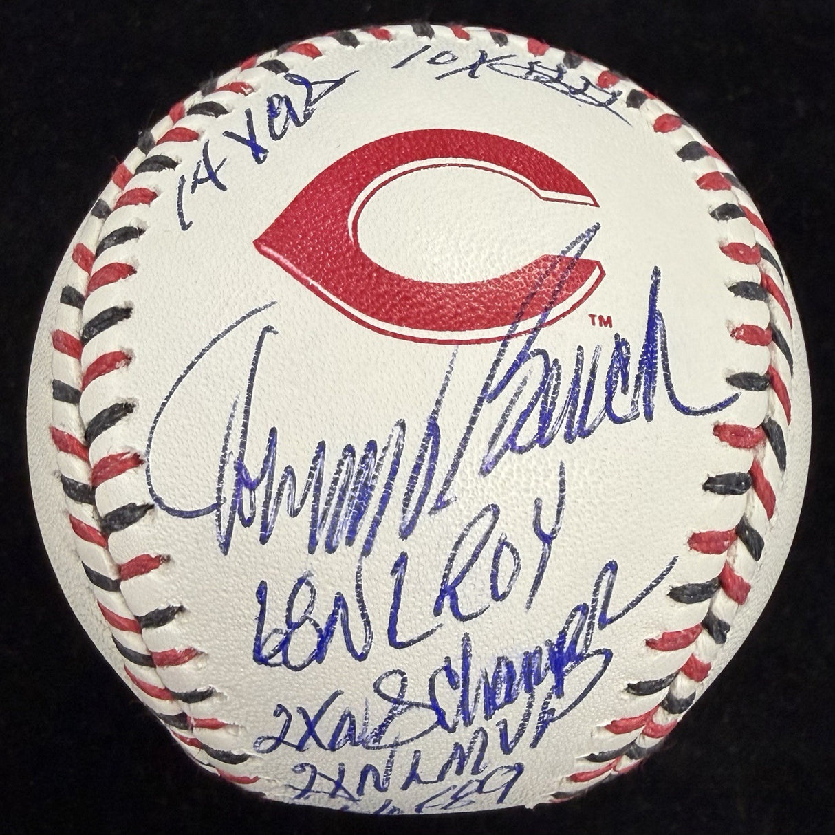 Johnny Bench 6 Inscirption Signed Reds Team Stitch Logo Stat Baseball MLB Holo