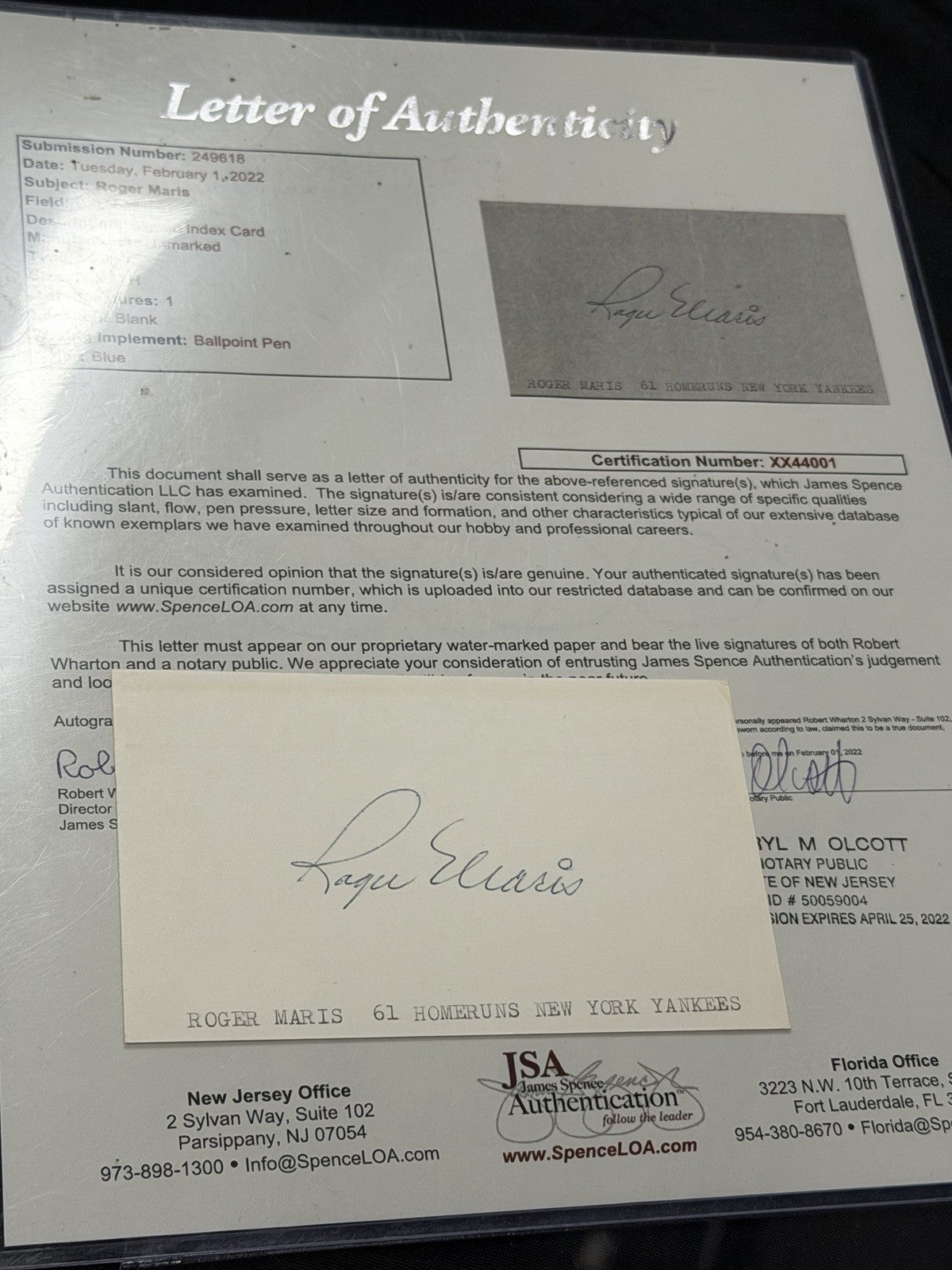 Roger Maris Signed Index Card JSA LOA