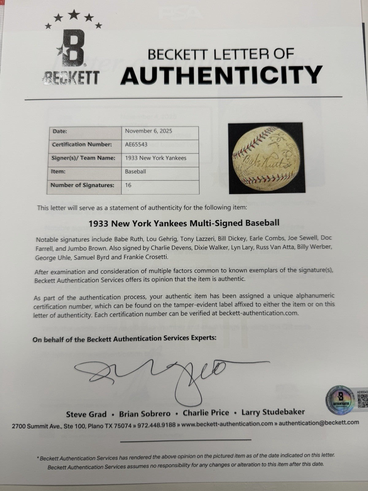 Babe Ruth Lou Gehrig 1933 New York Yankees Team Signed Baseball PSA JSA Beckett