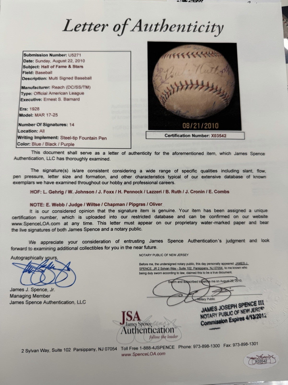Babe Ruth Lou Gehrig Walter Johnsn Jimmie Foxx + Signed OAL Reach Baseball JSA