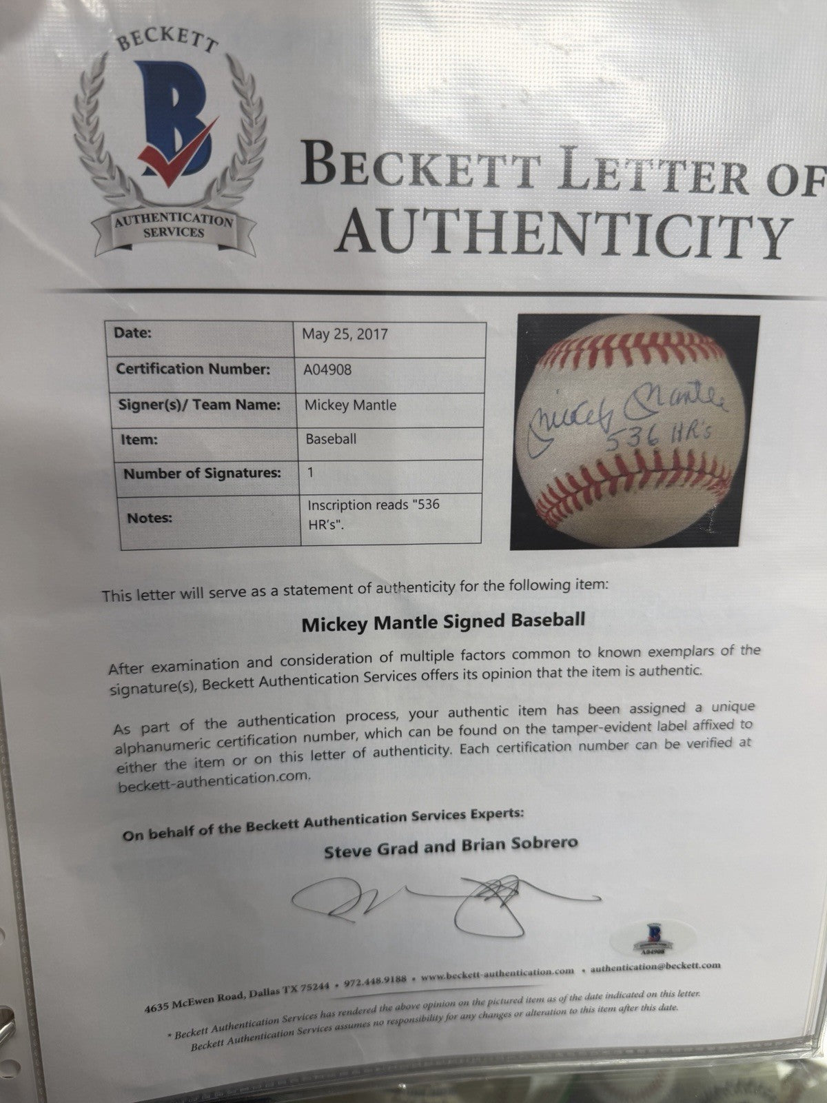 Mickey Mantle 536 HRs Signed Baseball Beckett LOA BAS