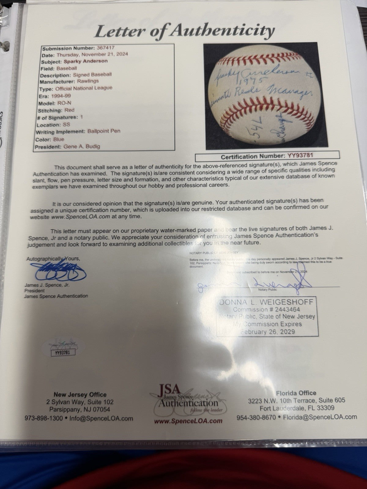 Sparky Anderson 1975 World Series Signed Reds Stat Baseball JSA LOA