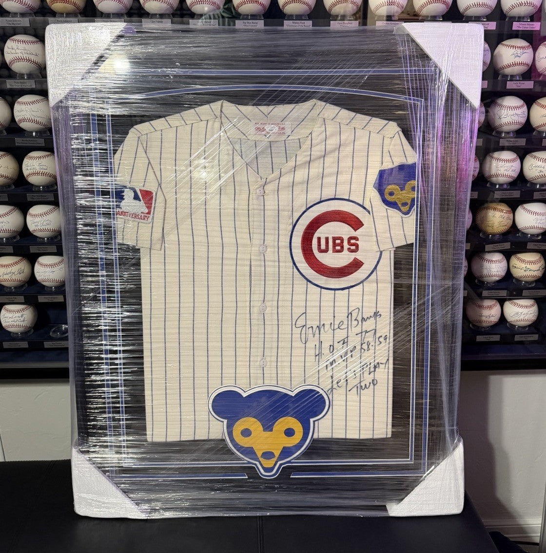 Ernie Banks HOF 77 MVP Signed Authentic Cubs Mitchell Ness Framed Jersey