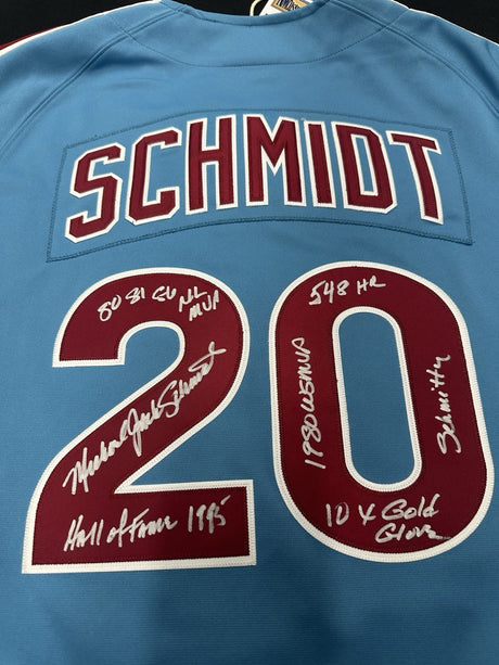 Mike Schmidt Full Name Signed Phillies Mitchell Ness Stat Jersey JSA Witness
