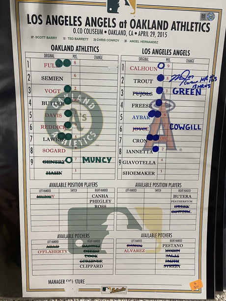 Mike Trout Game Used Signed 4/29/15 Angels @ A’s Lineup Card MLB Holo