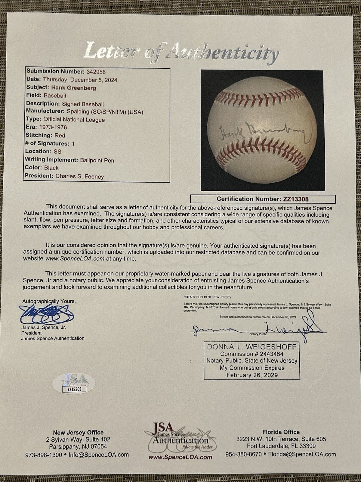 Hank Greenberg Signed Official National League Warren Giles Baseball JSA LOA 