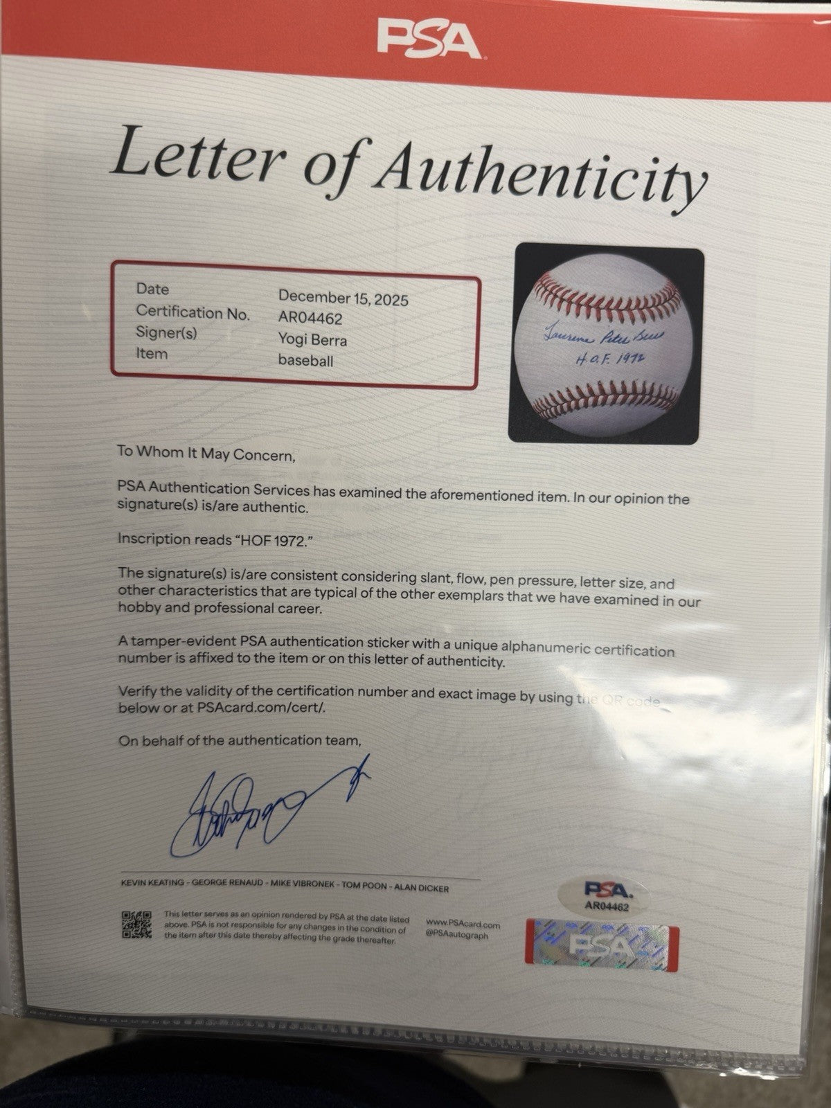 Lawrence Peter Yogi Berra Full Name HOF 1972 Signed Baseball PSA/DNA LOA
