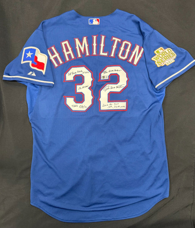 Josh Hamilton 10 AL MVP Signed Texas Rangers Authentic Blue Road Stat Jersey BAS