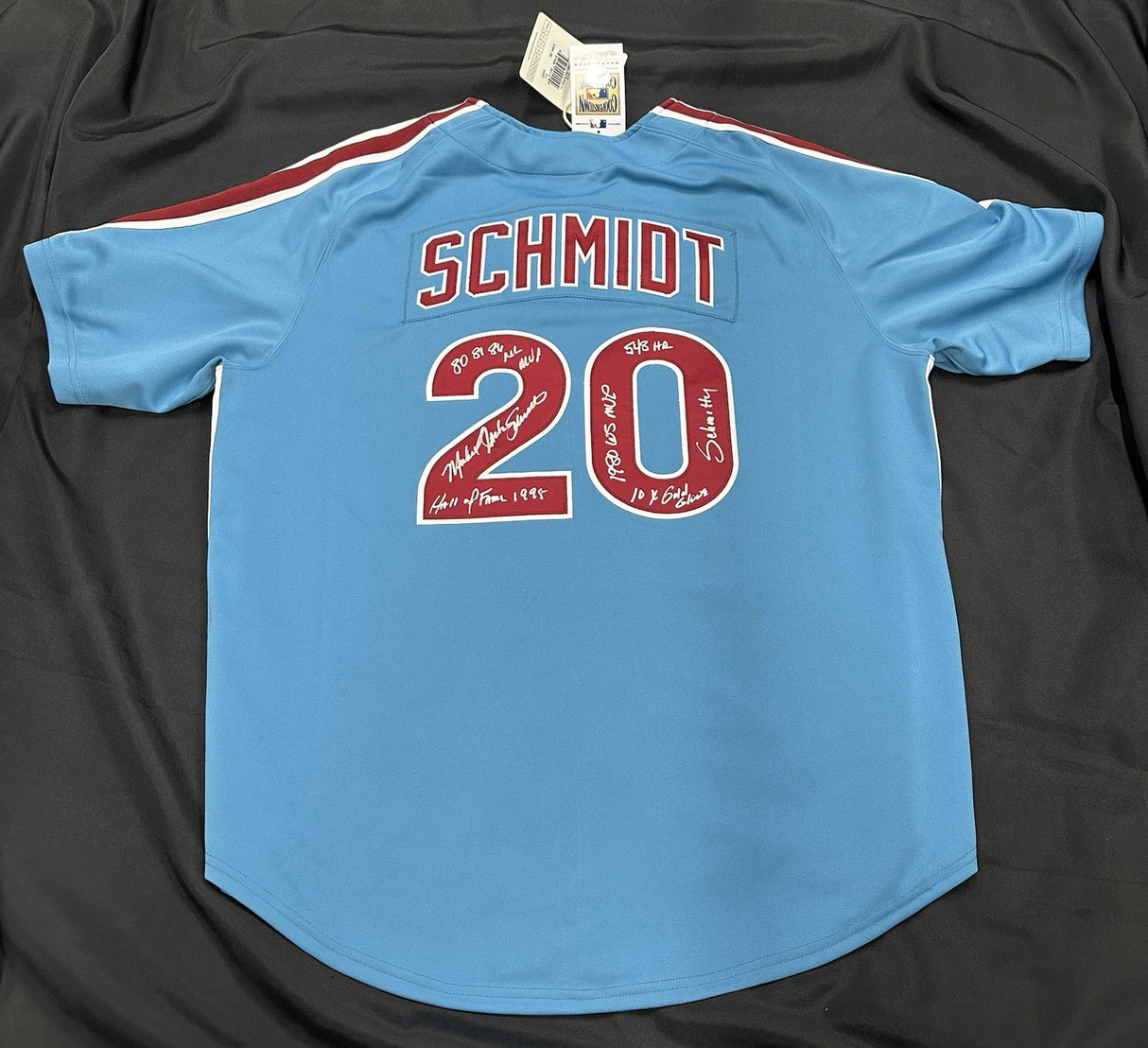 Mike Schmidt Full Name Signed Phillies Mitchell Ness Stat Jersey JSA Witness
