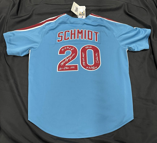 Mike Schmidt Full Name Signed Phillies Mitchell Ness Stat Jersey JSA Witness