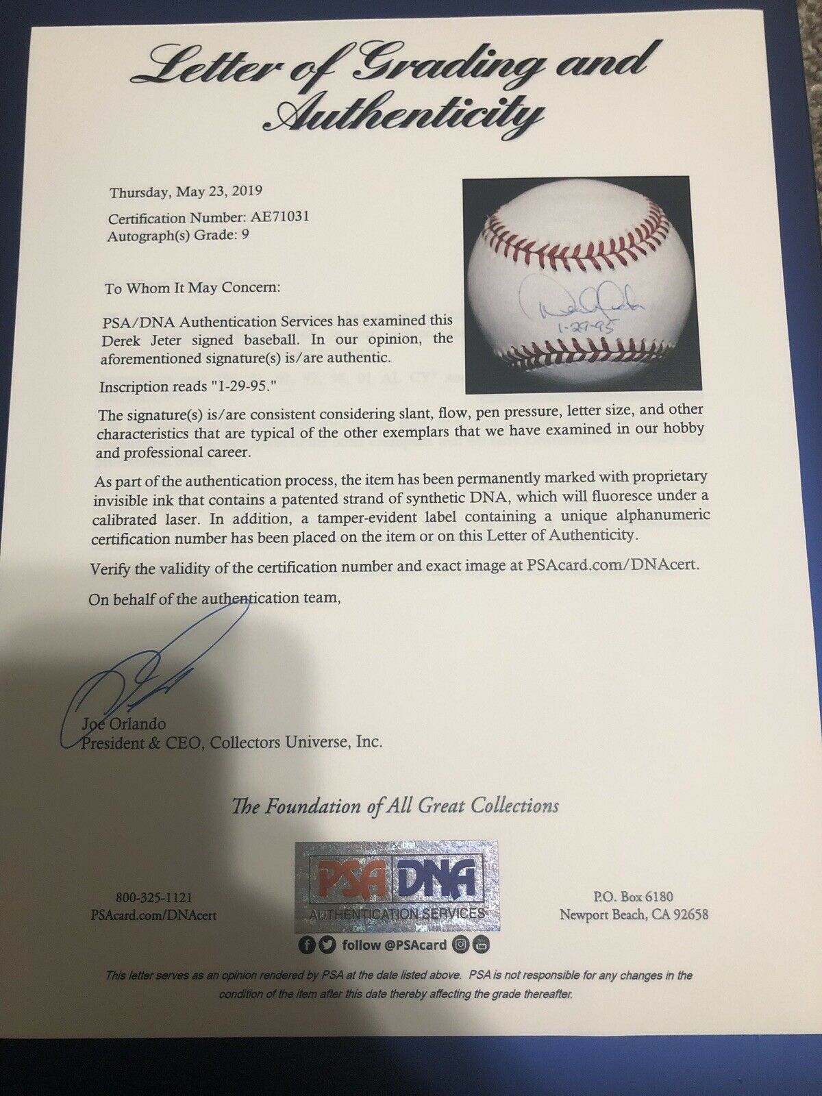 Derek Jeter Signed Rookie Signature Baseball PSA/DNA Graded 9 LOA