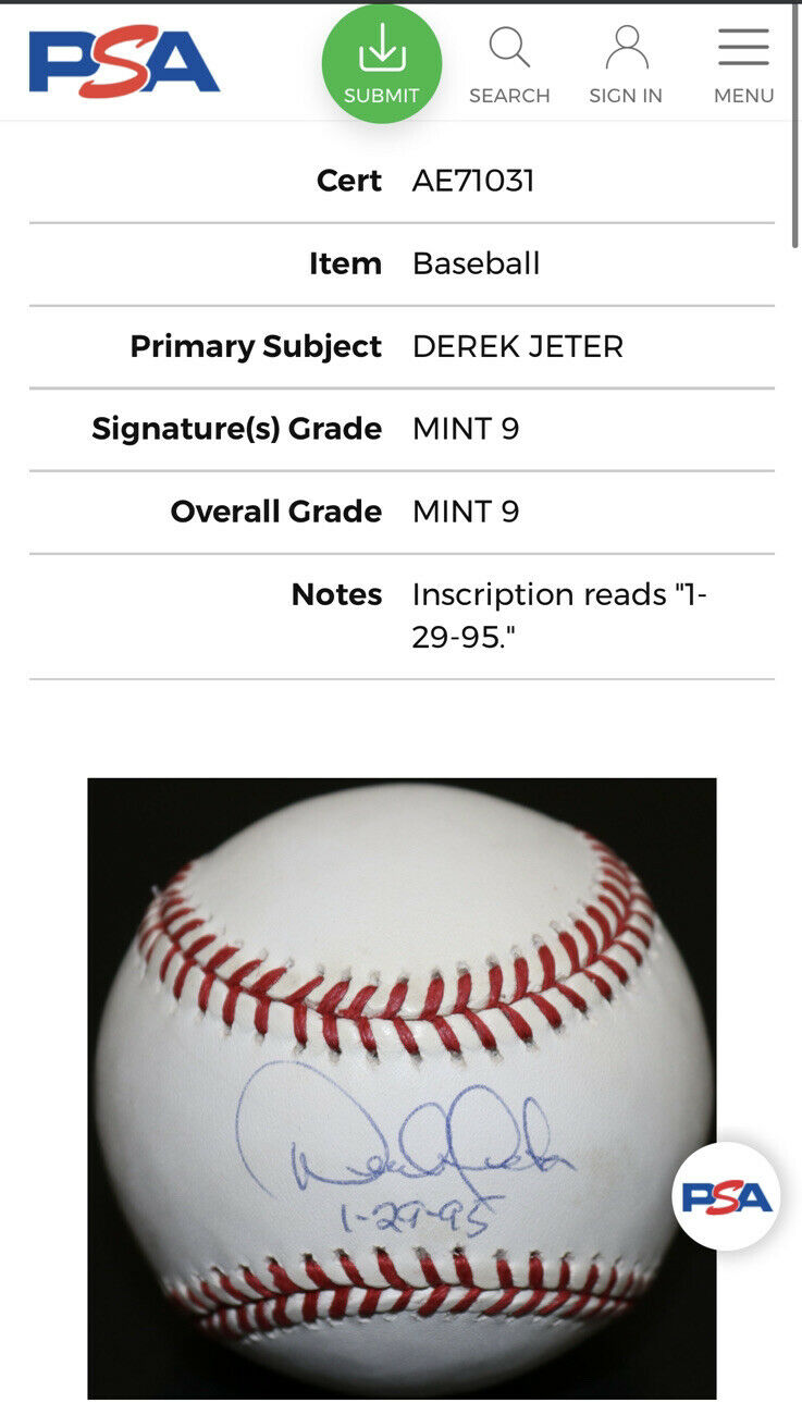 Derek Jeter Signed Rookie Signature Baseball PSA/DNA Graded 9 LOA