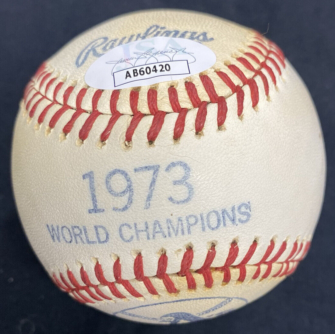 Reggie Jackson 1973 WS MVP Signed 1973 World Champs Souvenir Baseball JSA