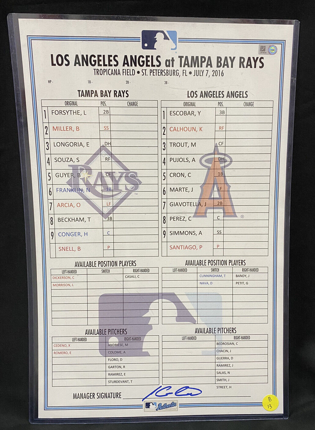 Angels @ Rays 7/7/16 Game Used Lineup Card Trout MVP Season MLB Holo