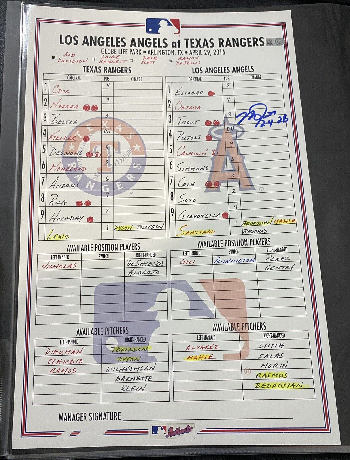 Mike Trout Game Used Signed 4/29/16 Angels @ Rangers Lineup Card MLB Holo