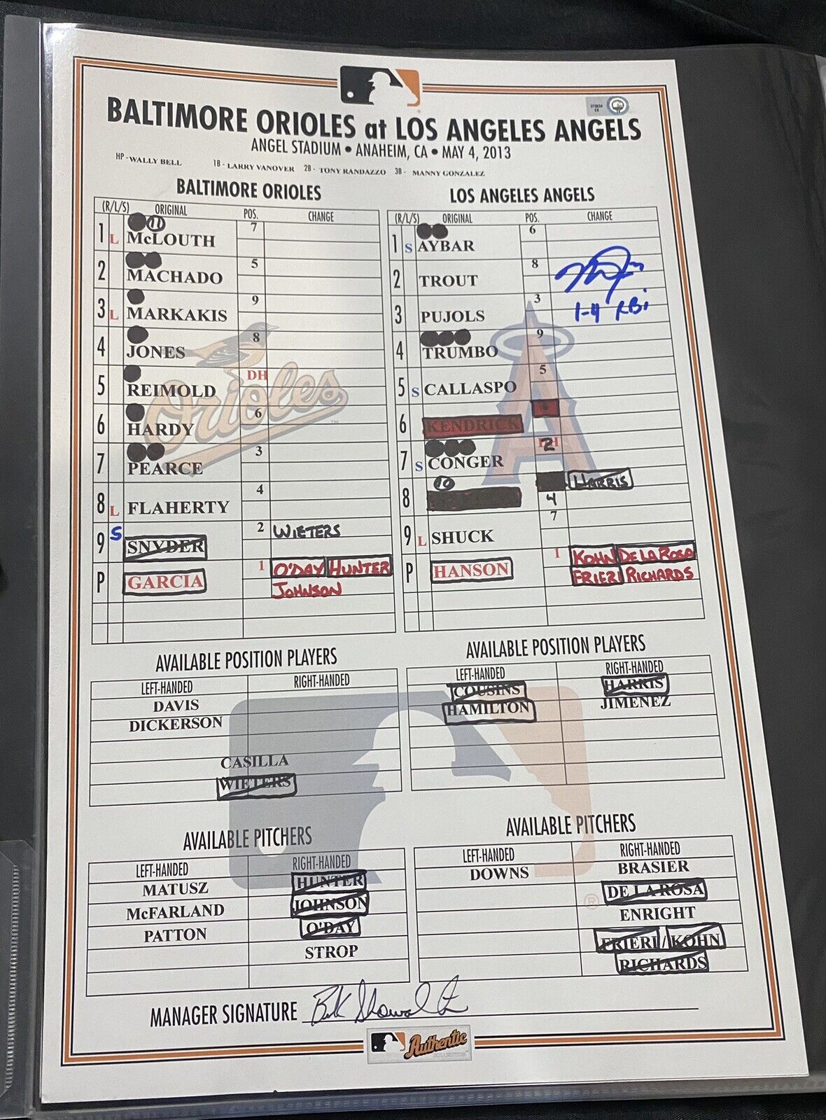 Mike Trout Game Used Signed 5/4/13 Orioles @ Angels Lineup Card MLB Holo