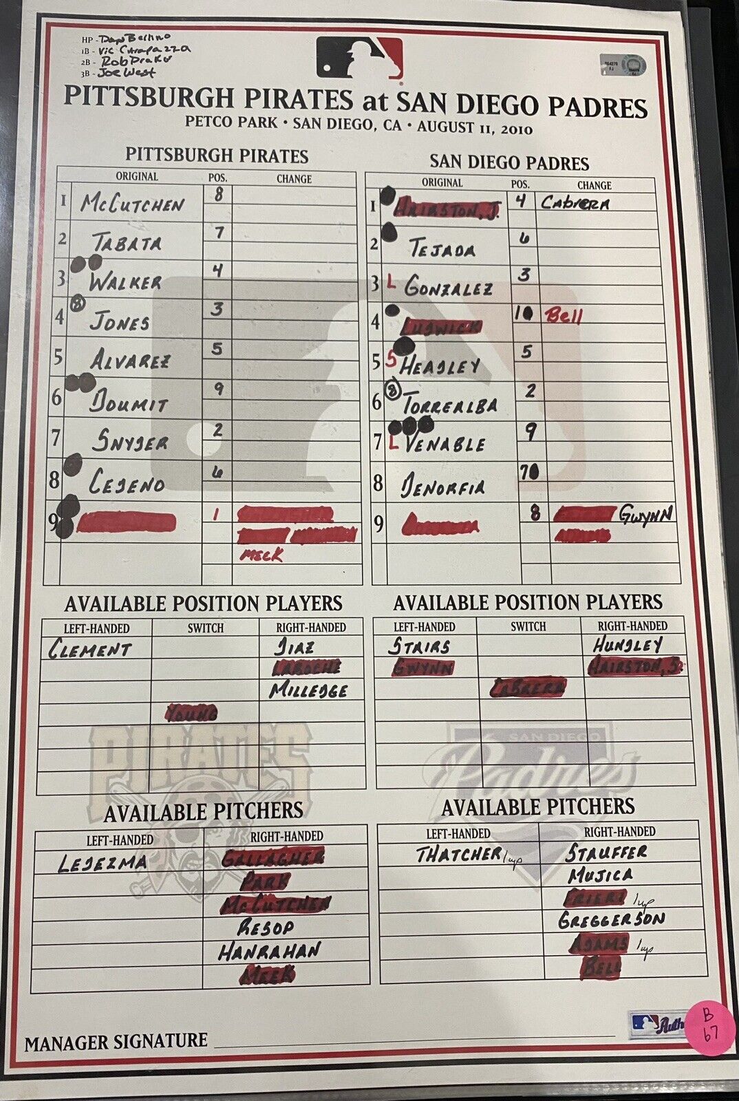 Pirates @ Padres 8/11/10 Game Used Lineup Card MLB Holo