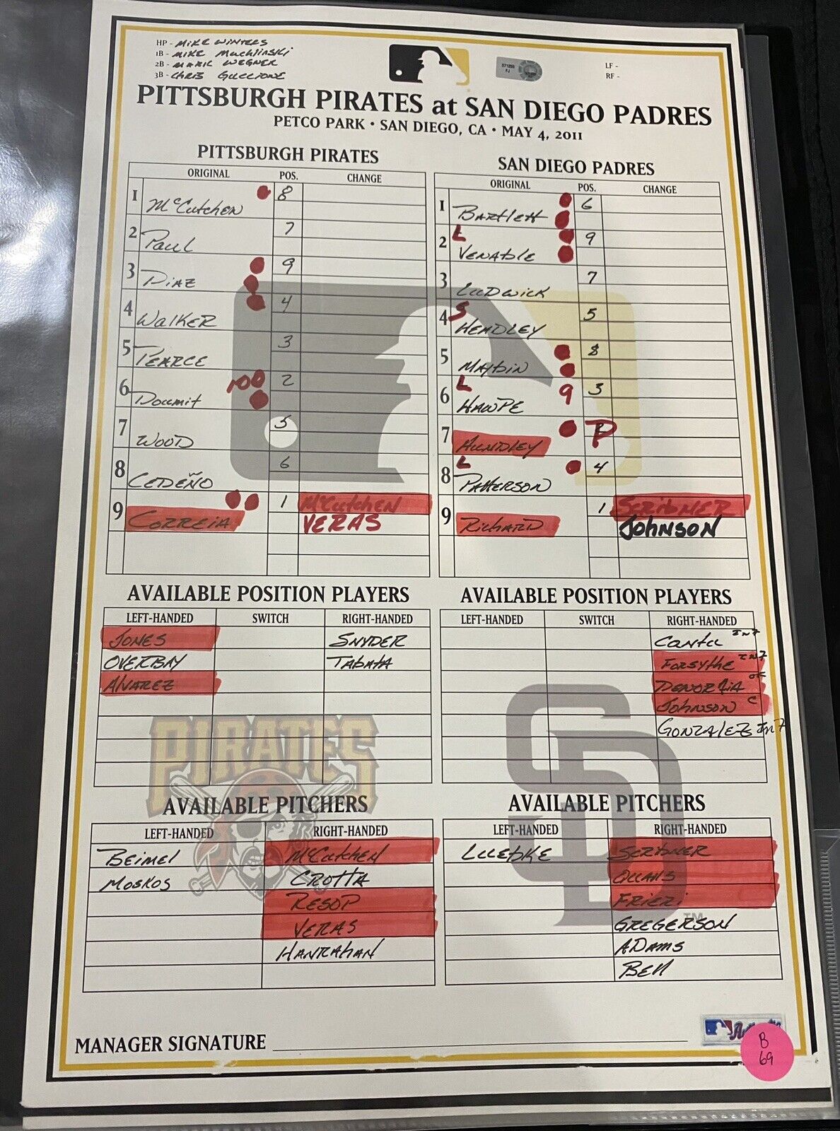 Pirates @ Padres 5/4/11 Game Used Lineup Card MLB Holo