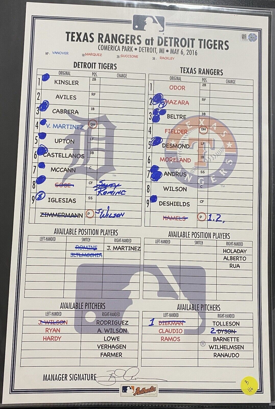 Rangers @ Tigers 5/6/16 Game Used Lineup Card MLB Holo Cabrera Beltre