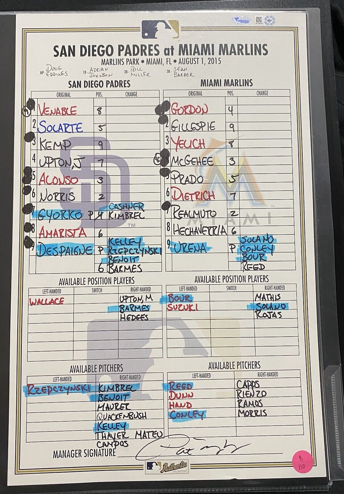 Padres @ Marlins 8/1/15 Game Used Lineup Card Ichiro MLB Holo