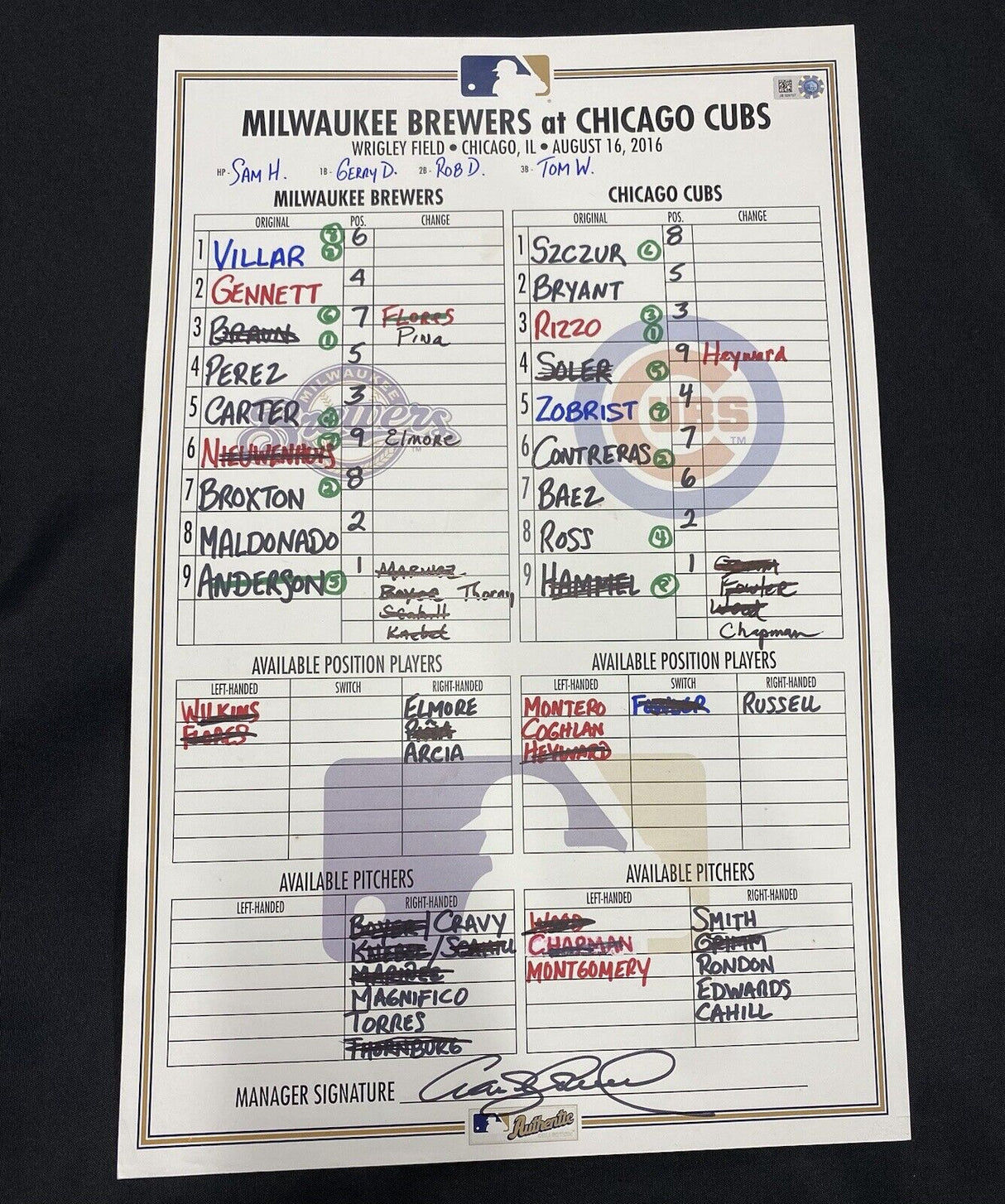 Brewers @ Cubs 8/16/16 Game Used Lineup Card World Series Year MLB Holo