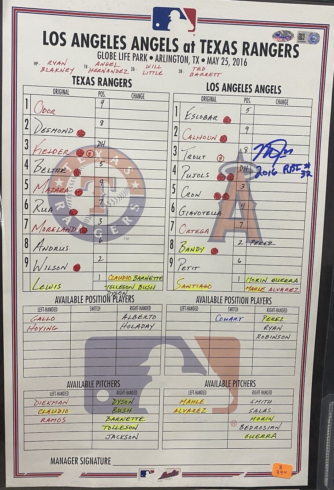 Mike Trout Game Used Signed Angels @ Rangers 5/25/16 Lineup Card MLB Holo