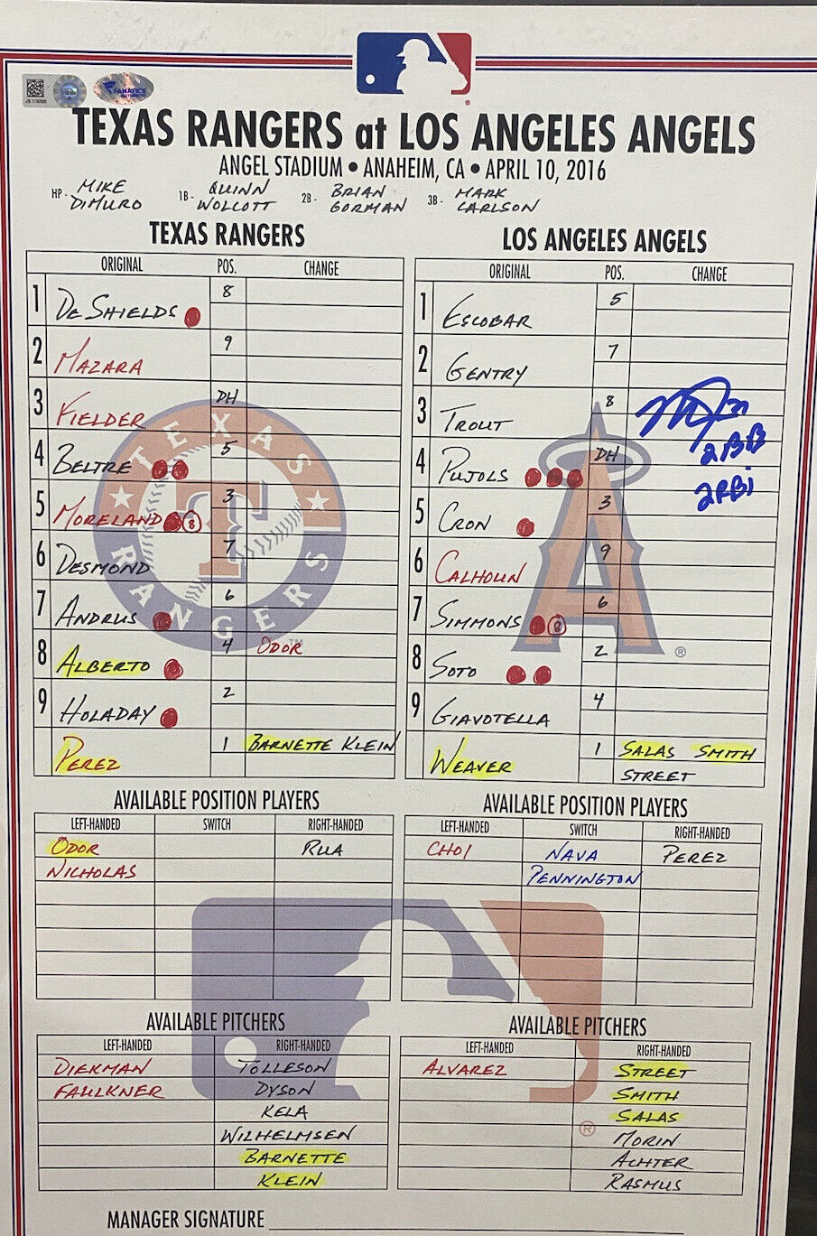 Mike Trout Game Used Signed Rangers @ Angels 4/10/16 Lineup Card MLB Holo