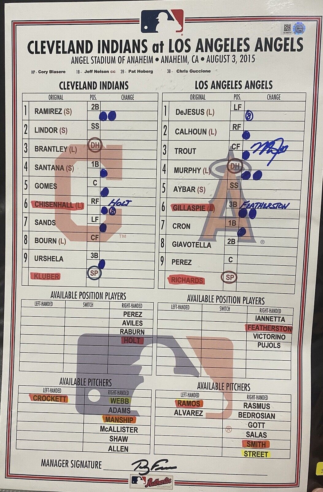 Mike Trout Game Used Signed 8/3/15 Indians @ Angels Lineup Card MLB Holo