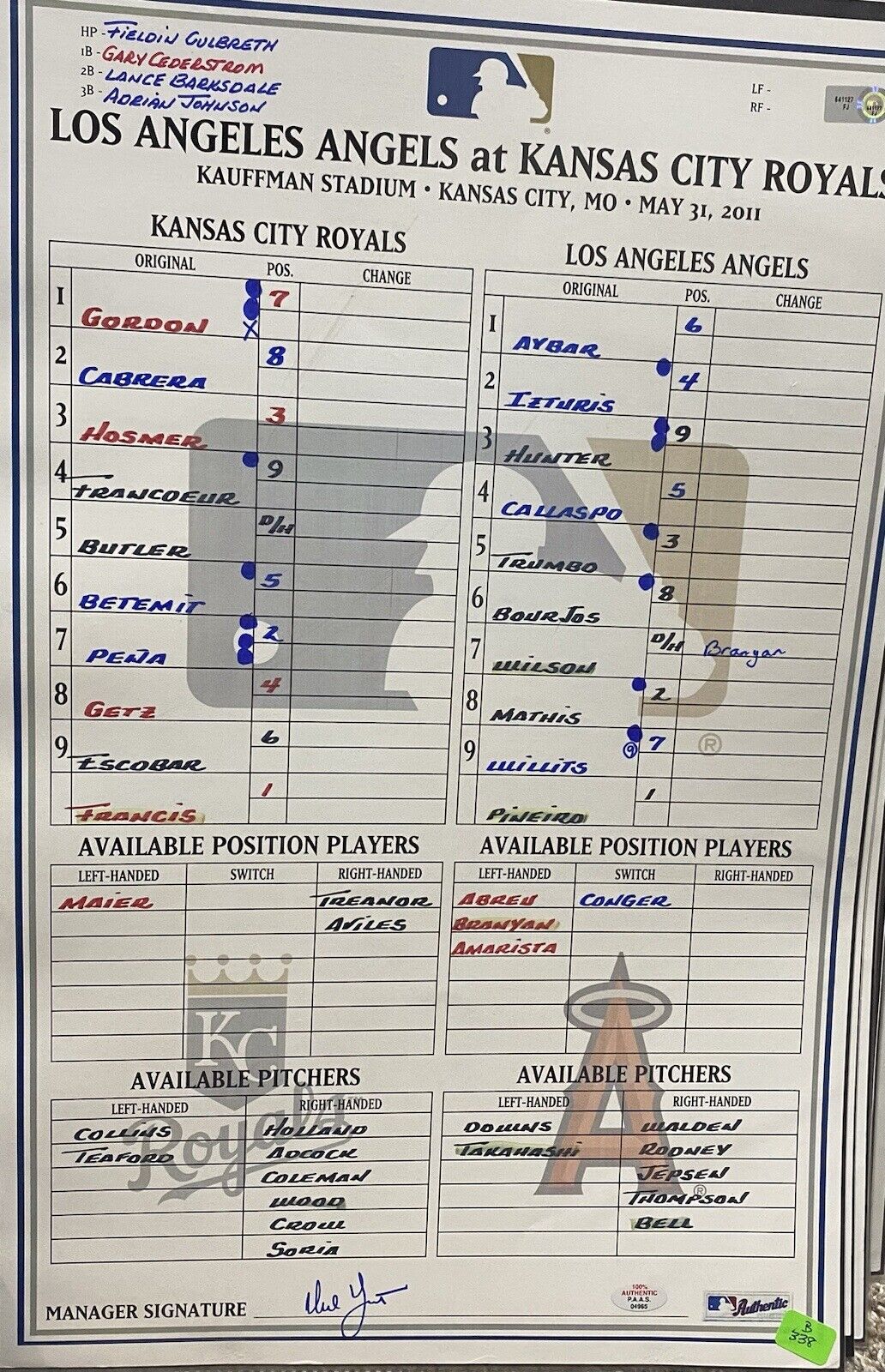 Angels @ Royals 5/31/11 Game Used Lineup Card MLB Holo