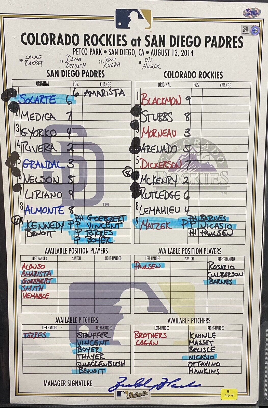 Rockies @ Padres 8/13/14 Game Used Lineup Card MLB Holo