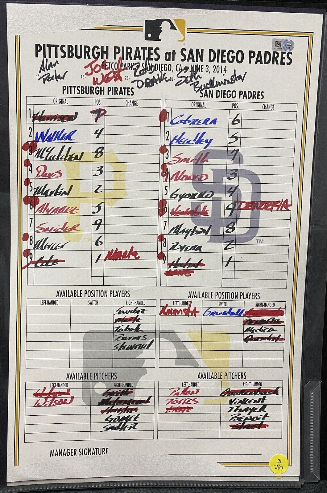 Pirates @ Padres 6/3/14 Game Used Lineup Card MLB Holo