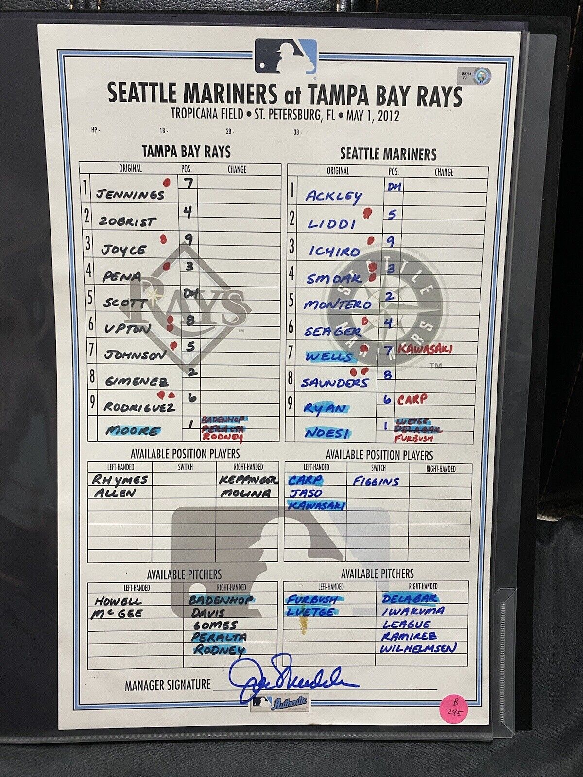 Mariners @ Rays 5/1/12 Game Used Lineup Card Ichiro 3 Hole MLB Holo