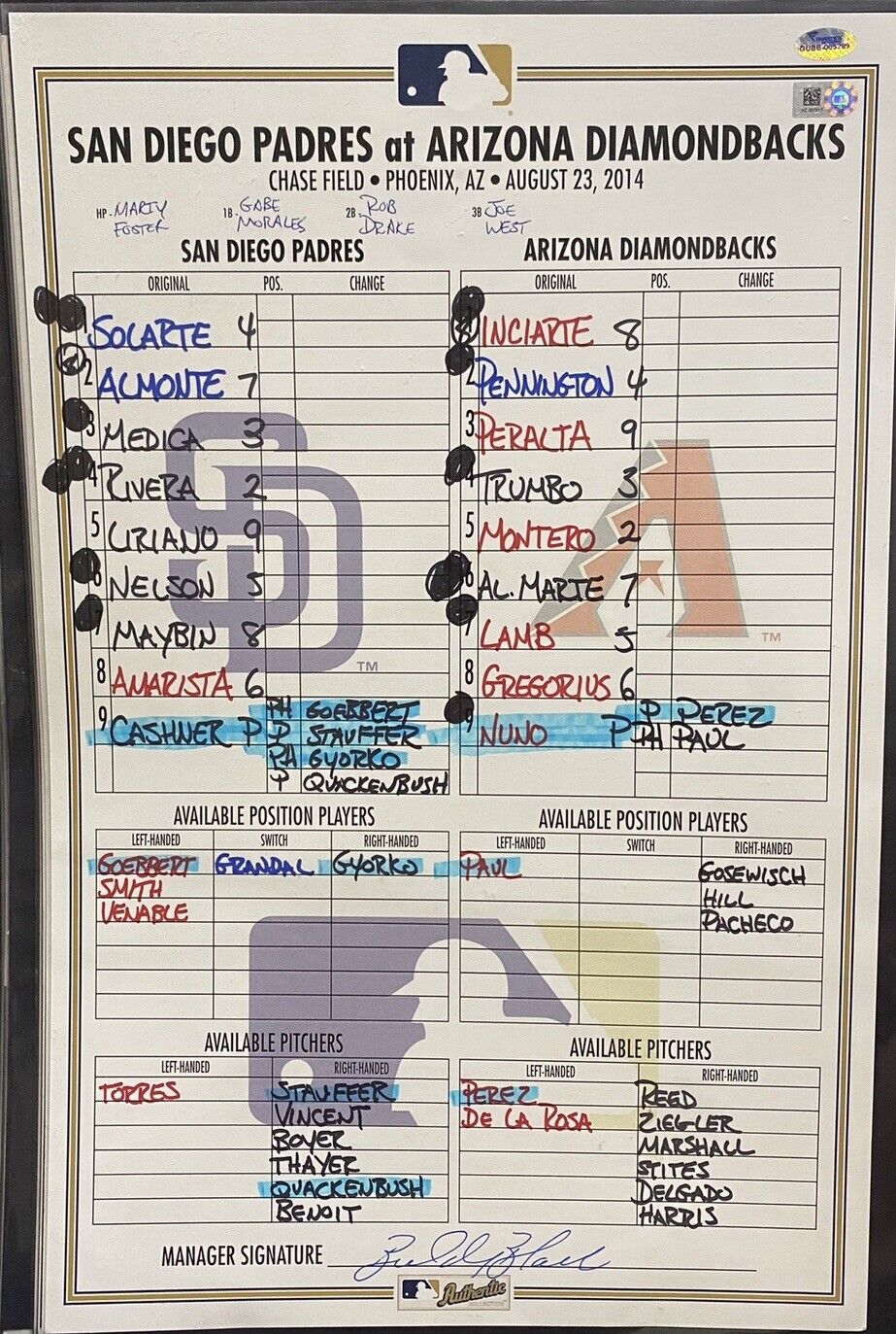 Diamondbacks @ Padres 8/23/14 Game Used Lineup Card MLB Holo