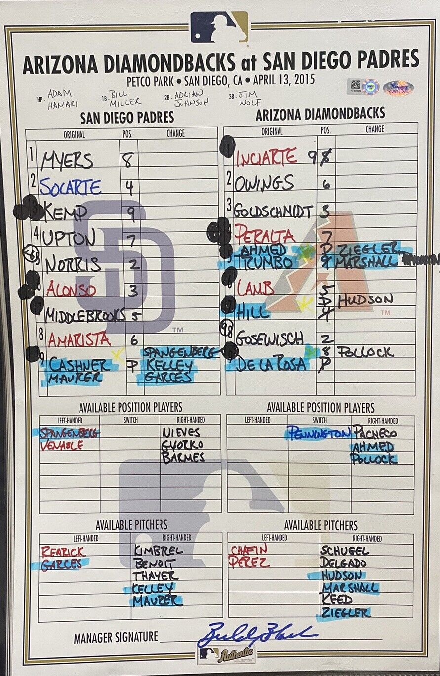 Diamondbacks @ Padres 4/13/15 Game Used Lineup Card MLB Holo