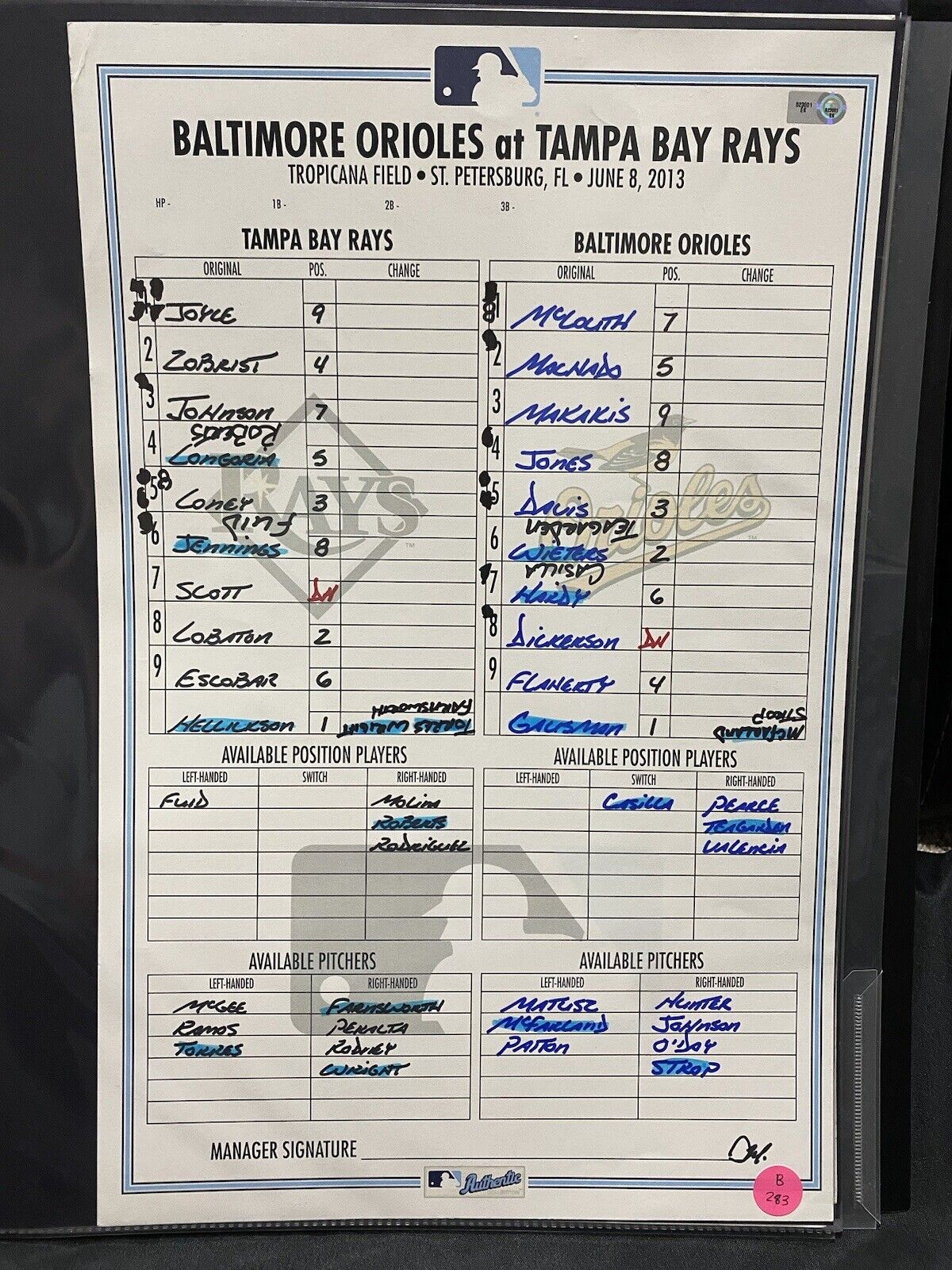 Orioles @ Rays 6/8/13 Game Used Lineup Card MLB Holo