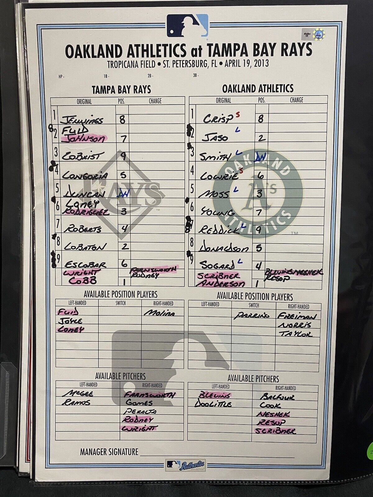 Athletics @ Rays 4/19/13 Game Used Lineup Card MLB Holo