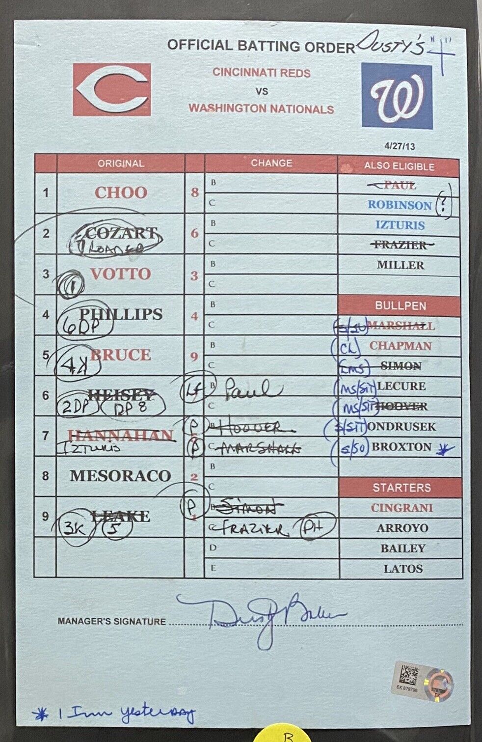 Reds @ Nationals 4/27/13 Manager Dusty Baker Lineup Cards MLB Holo (Pair)