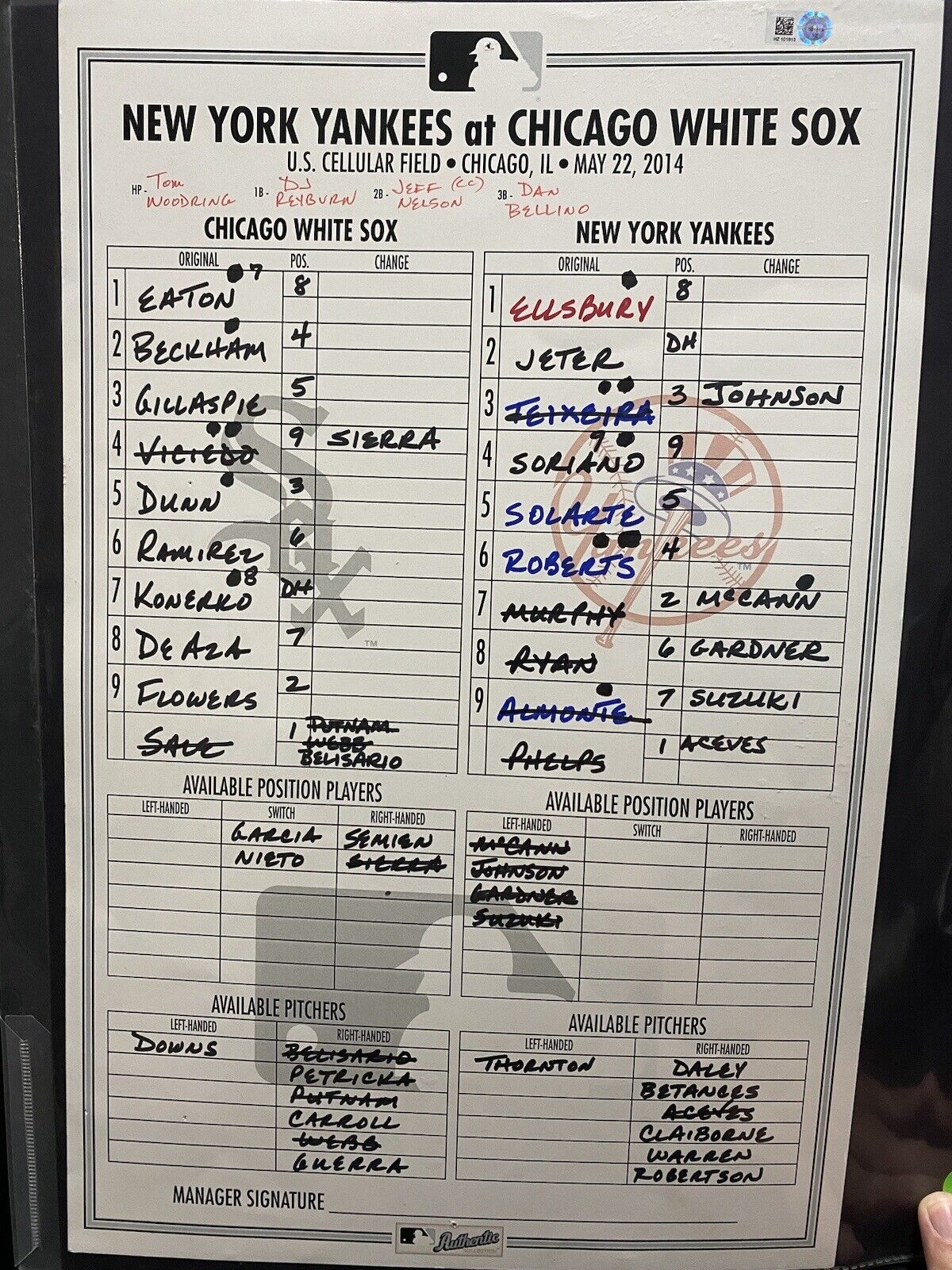 Yankees @ Sox 5/22/14 Game Used Derek Jeter Final Season Lineup Card MLB Holo