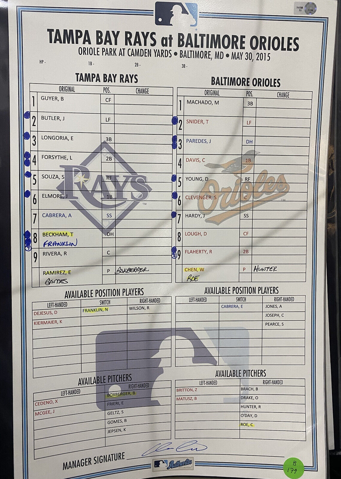 5/30/15 Rays @ Orioles Game Used Lineup Card MLB Holo