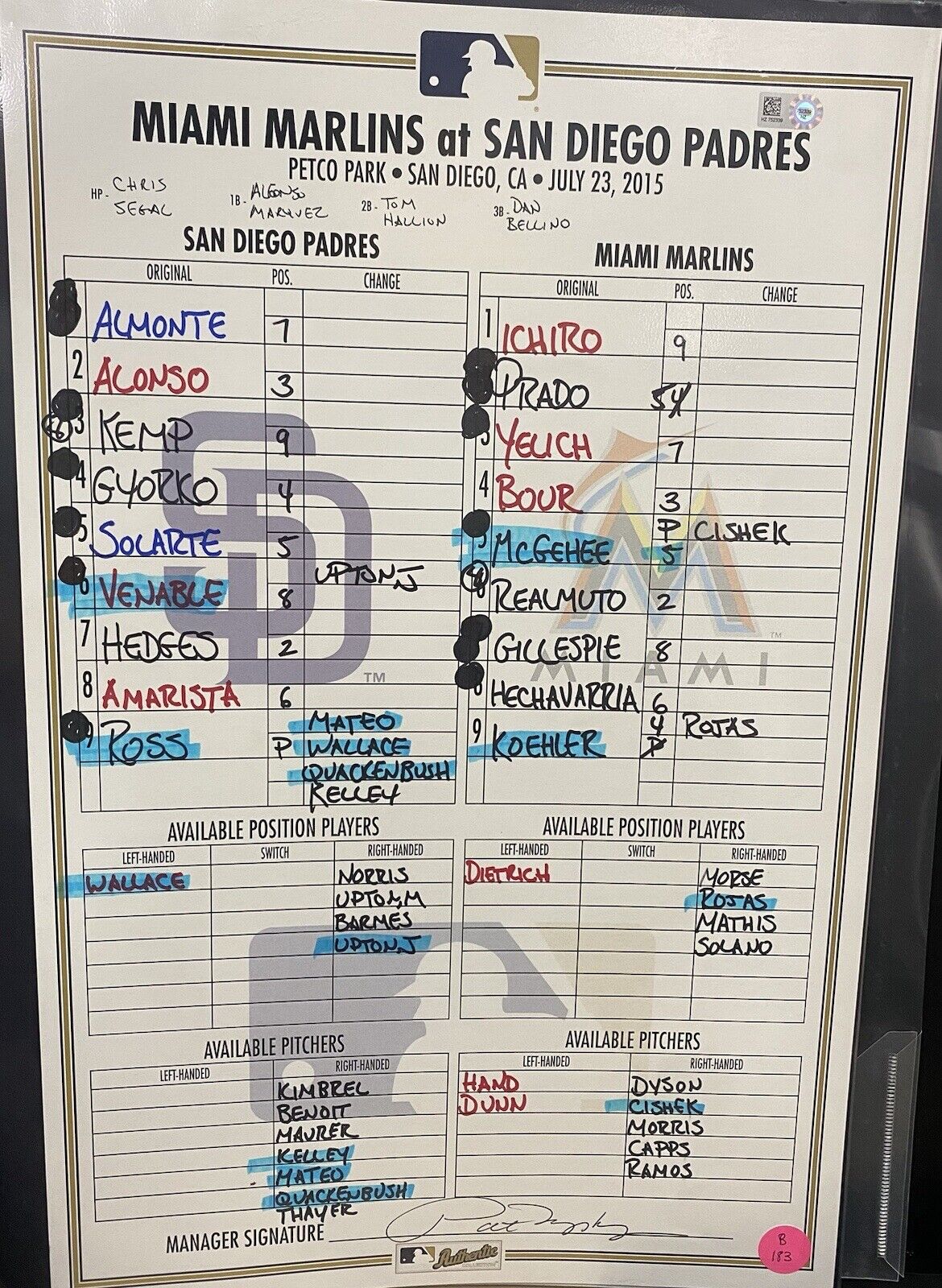 7/23/15 Marlins @ Padres Game Used Lineup Card Ichiro MLB Holo