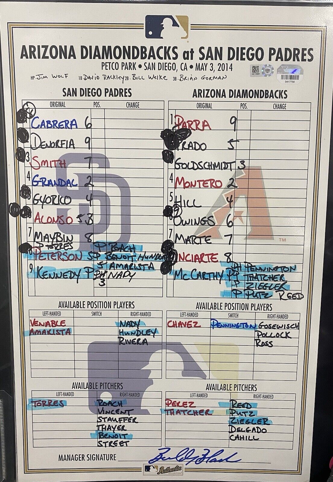 Diamondbacks @ Padres 5/3/14 Game Used Lineup Card MLB Holo