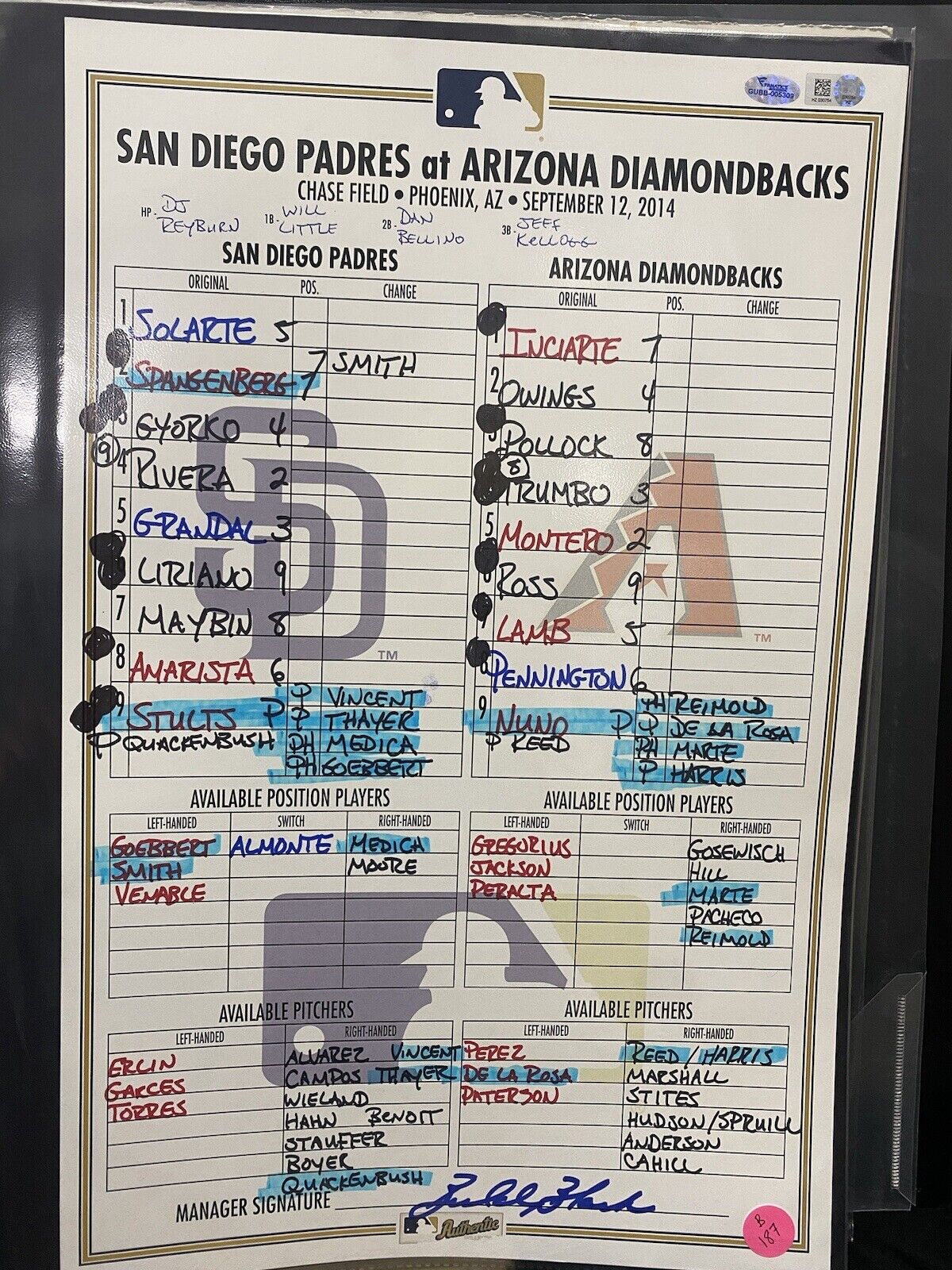 9/12/14 Padres @ Diamondbacks Game Used Lineup Card MLB Holo