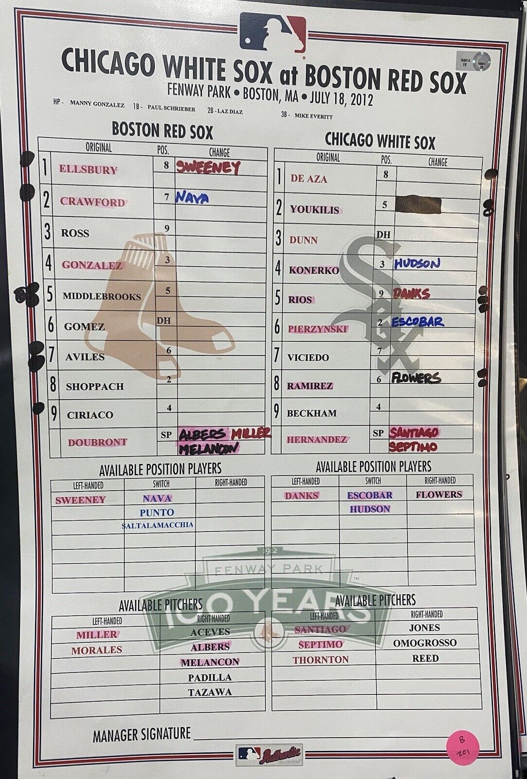 White Sox @ Red Sox 7/18/12 Game Used Lineup Card Fenway 100th Logo MLB Holo